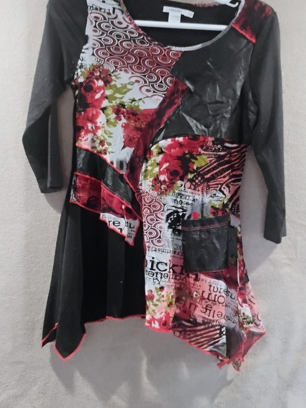2/$15 Asymmetrical Floral Patchwork Tunic Top - Black & Red